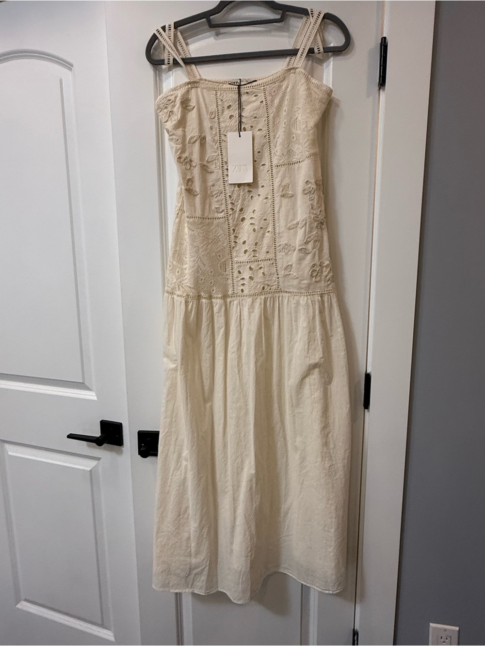 Zara Cream Eyelet Midi Dress with Spaghetti Straps